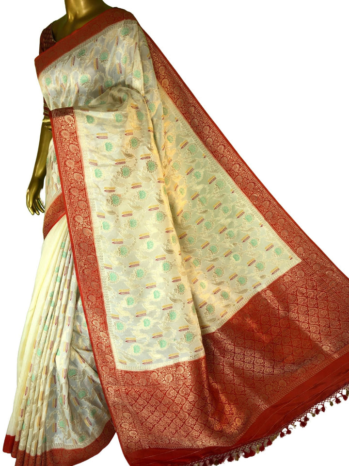 Offwhite and Red Color Muga Banarasi Silk Saree