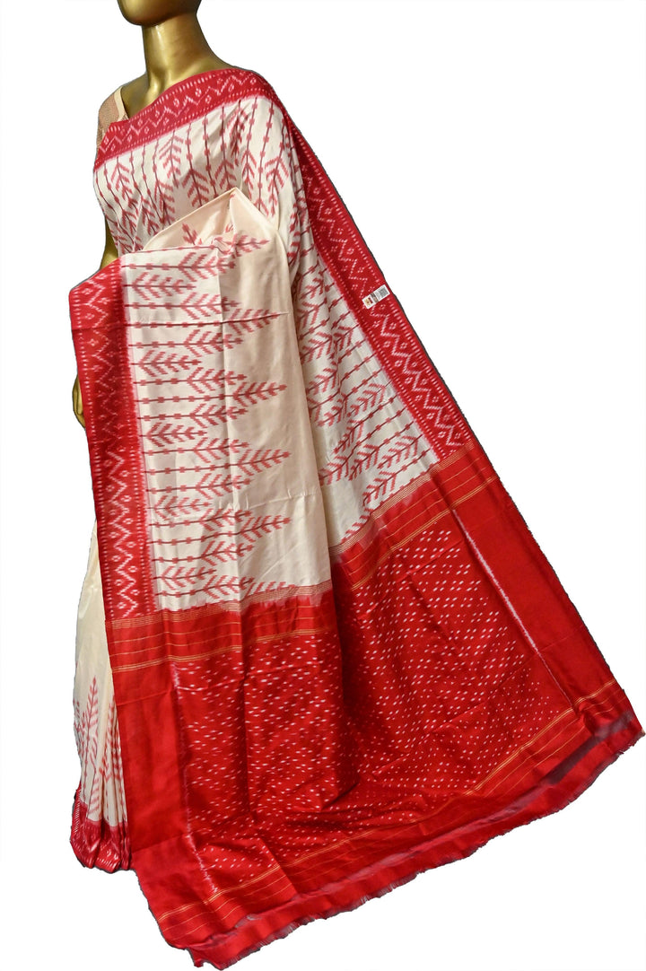 Offwhite and Red Color Pure Ikat Silk Saree with Temple Border