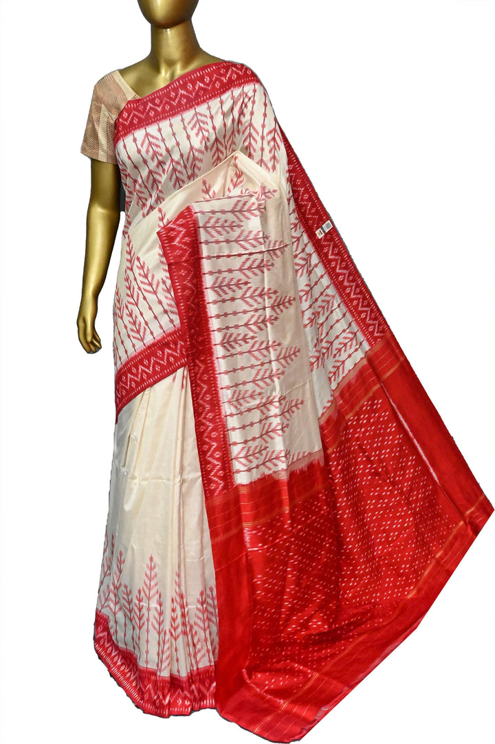 Offwhite and Red Color Pure Ikat Silk Saree with Temple Border