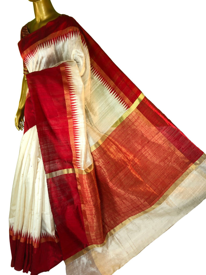 Offwhite and Red Color Pure Raw Silk Saree