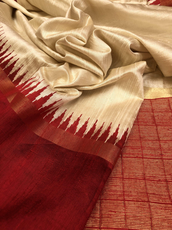 Offwhite and Red Color Pure Raw Silk Saree