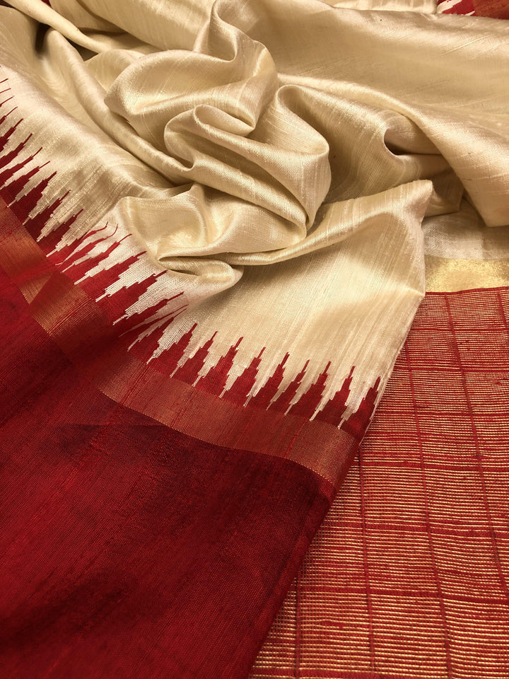 Offwhite and Red Color Pure Raw Silk Saree