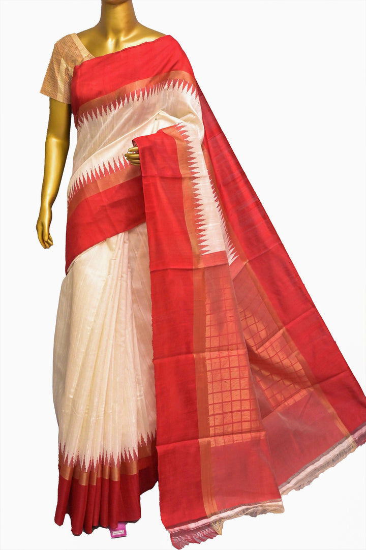 Offwhite and Red Color Pure Raw Silk with Temple Border
