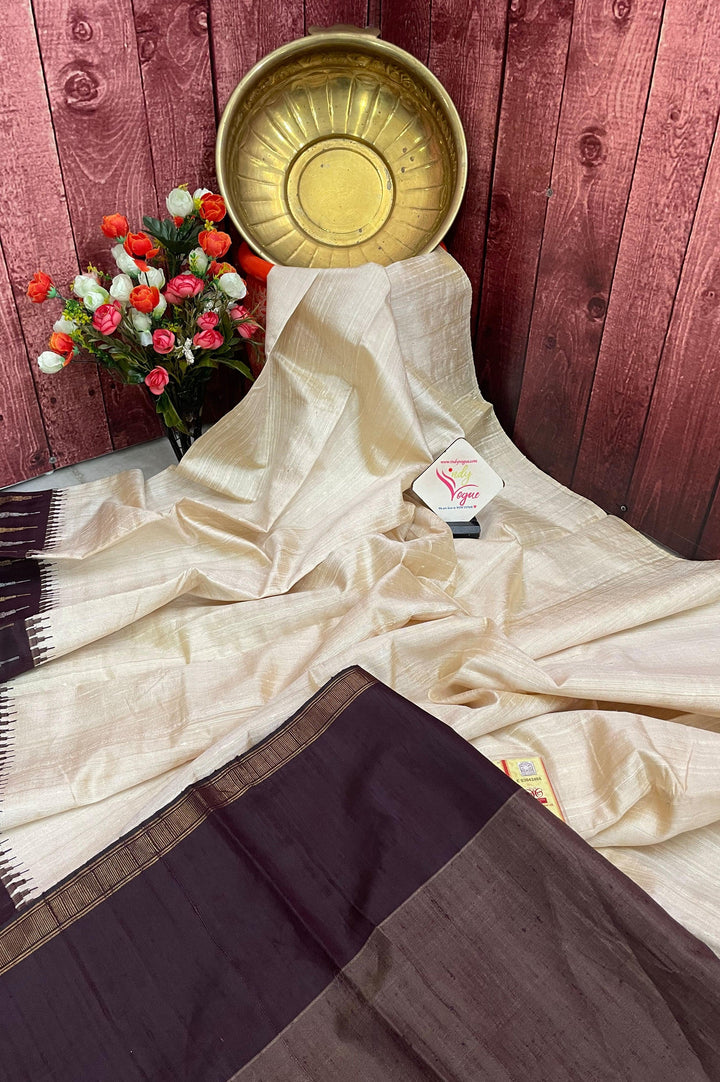 Offwhite and Wine Color Pure Raw Silk Saree with Temple Border