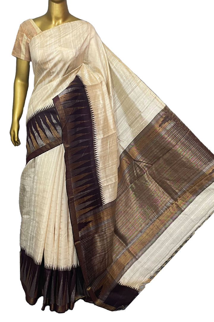 Offwhite and Wine Color Pure Raw Silk Saree with Temple Border