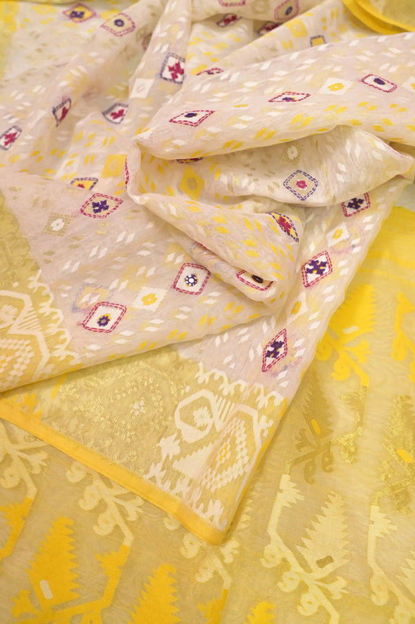 Offwhite and Yellow Color Jamdani Saree with Allover Kantha Embroidery with Mirror Work