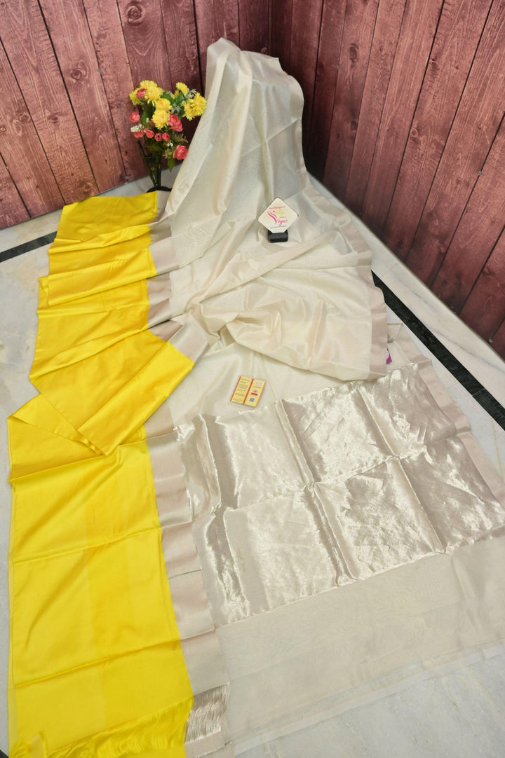 Offwhite Color Chanderi Silk Saree with Broad Yellow Border
