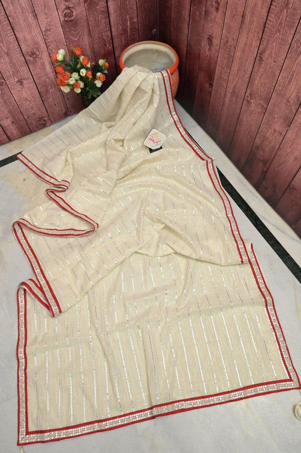 Offwhite Color Cotton Chanderi with Zari Stripe and Mirror Work