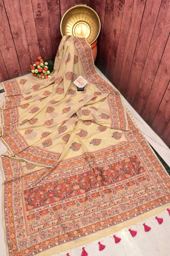 Offwhite Color Designer Kani Silk Saree with Machine Weaving