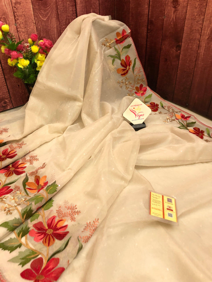 Offwhite Color Designer Kora Organza Saree with Embroidery