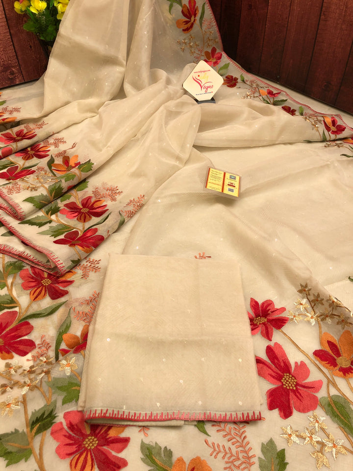 Offwhite Color Designer Kora Organza Saree with Embroidery