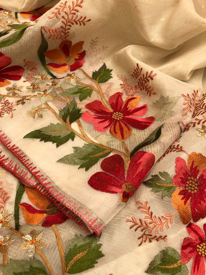Offwhite Color Designer Kora Organza Saree with Embroidery
