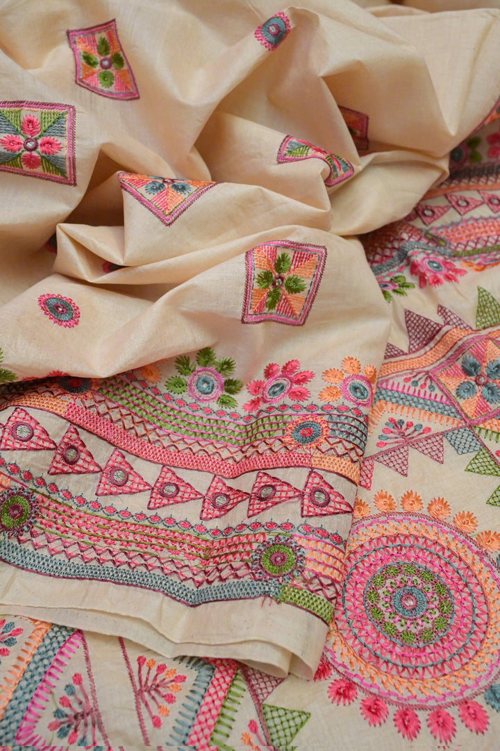 Offwhite Color Half Tussar Saree with Lambani Embroidery