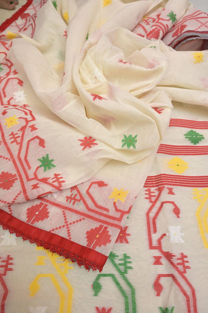 Offwhite Color Jamdani with Patti and Lace Work