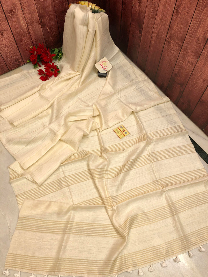 Offwhite Color Matka Silk Saree with Zari Stripes Work