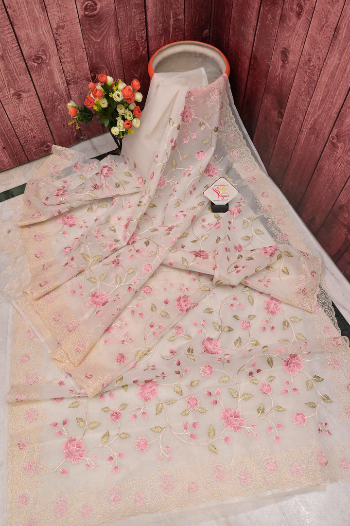 Offwhite Color Organza Saree with Machine Embroidery