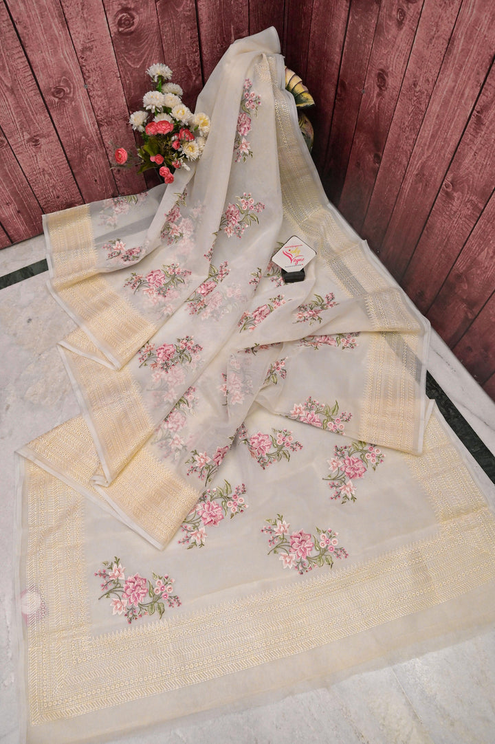 Offwhite Color Organza Saree with Machine Embroidery and Printed Blouse Piece