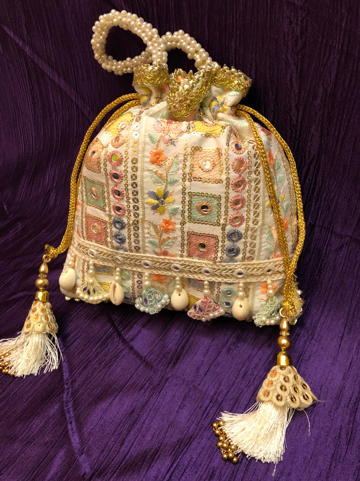 Offwhite Color Potli Clutch Bag with Embroidery & Mirror Work