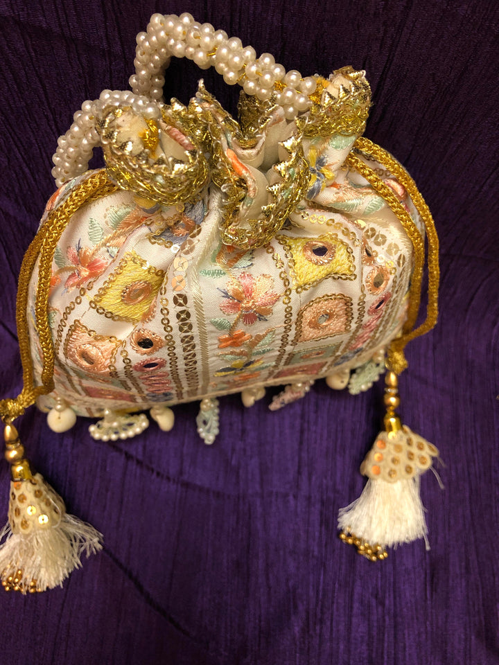 Offwhite Color Potli Clutch Bag with Embroidery & Mirror Work
