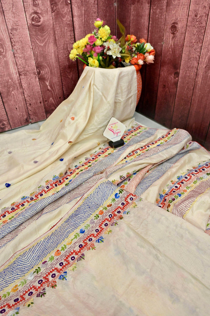 Offwhite Color Pure Bangalore Silk Saree with Hand Lambani Stitch