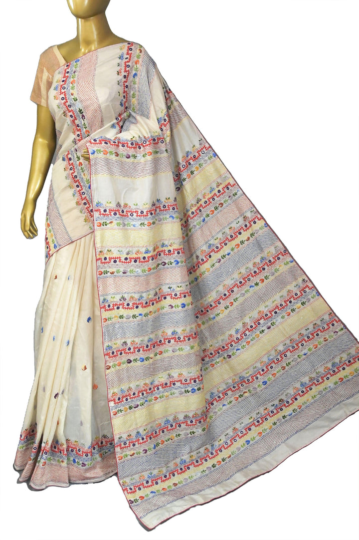 Offwhite Color Pure Bangalore Silk Saree with Hand Lambani Stitch