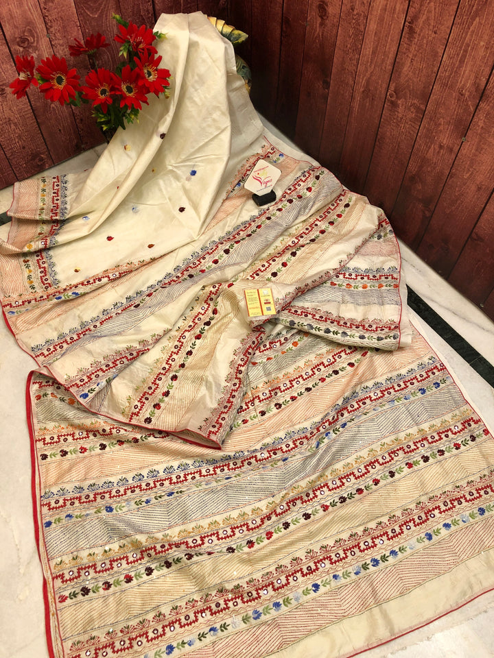 Offwhite Color Pure Bangalore Silk Saree with Kantha Stitch and Lambani Work