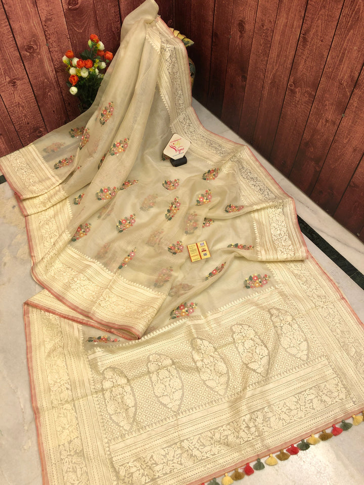 Offwhite Color Pure Kora Designer Saree with Embroidery Work