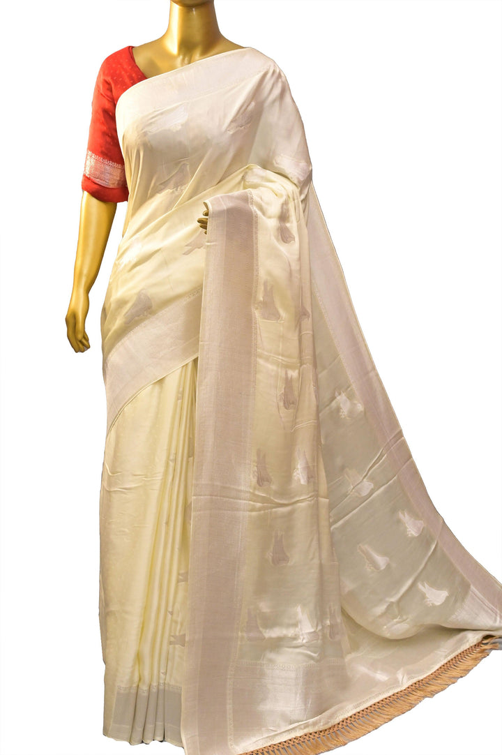 Offwhite Color Satin Banarasi Silk with Silver Zari Bird Motif Work