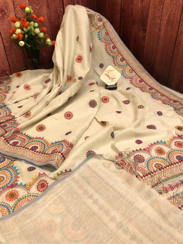 Offwhite Color Tissue Cotton Designer Saree with Lambani Embroidery