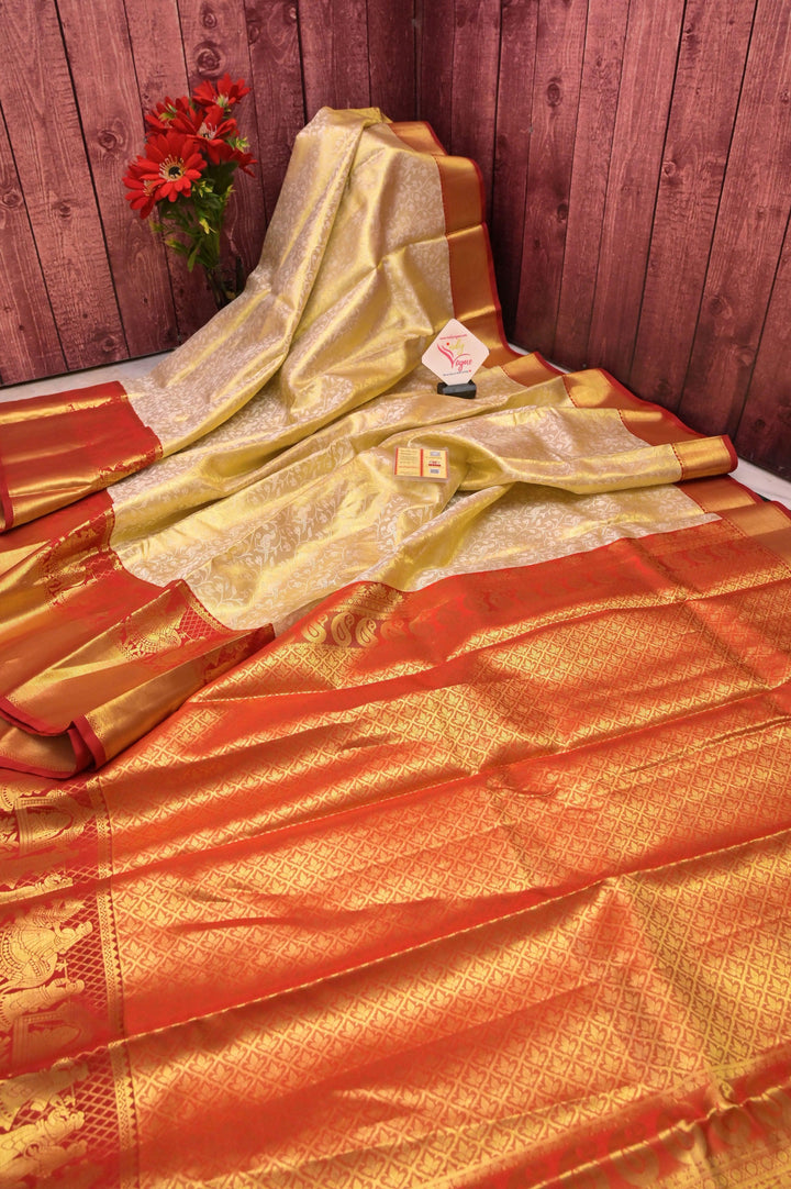 Offwhite & Golden Color Pure Brocade Kanjeevaram Silk Saree