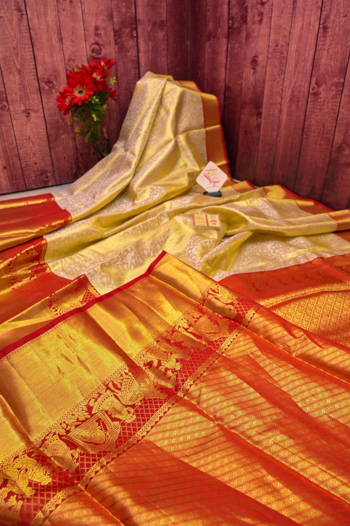 Offwhite & Golden Color Pure Brocade Kanjeevaram Silk Saree