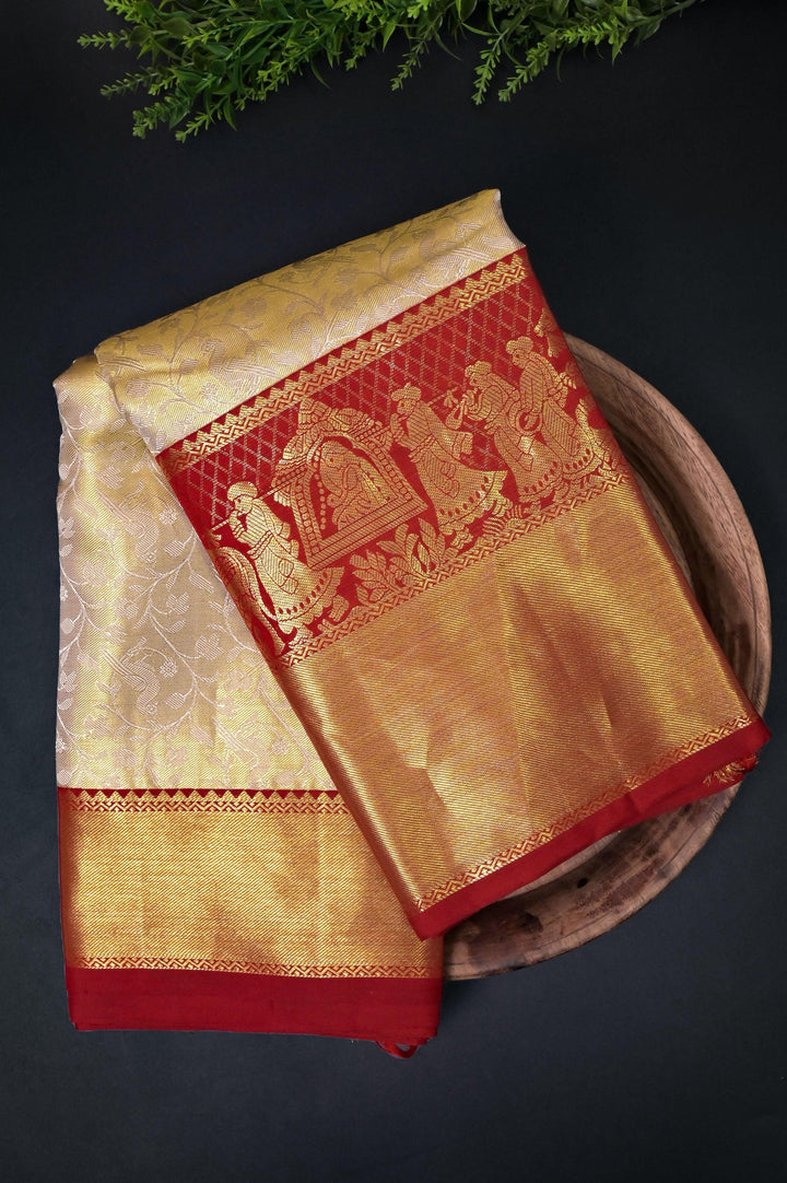 Offwhite & Golden Color Pure Brocade Kanjeevaram Silk Saree