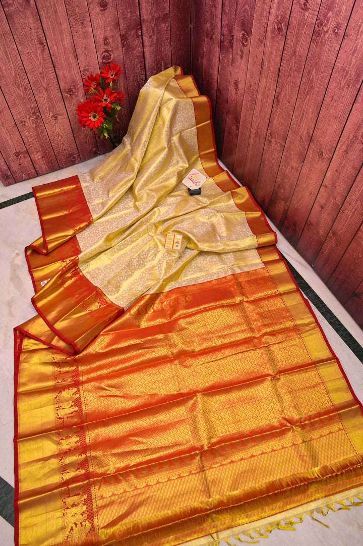 Offwhite & Golden Color Pure Brocade Kanjeevaram Silk Saree