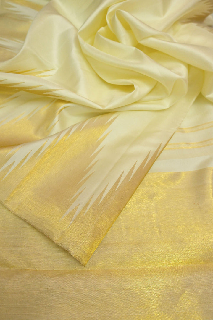 Offwhite Yellow Color Kanjeevaram Silk Saree with Golden Temple Border