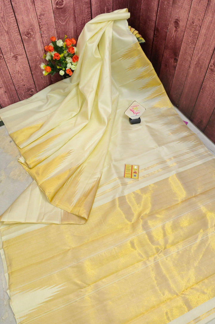 Offwhite Yellow Color Kanjeevaram Silk Saree with Golden Temple Border