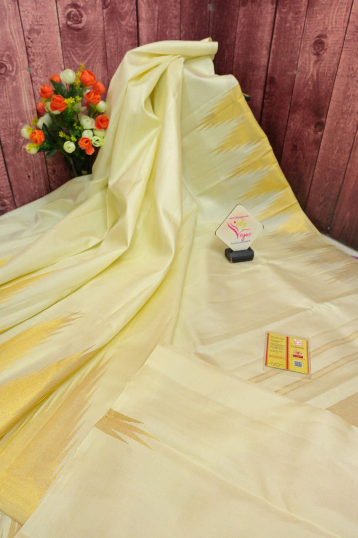 Offwhite Yellow Color Kanjeevaram Silk Saree with Golden Temple Border