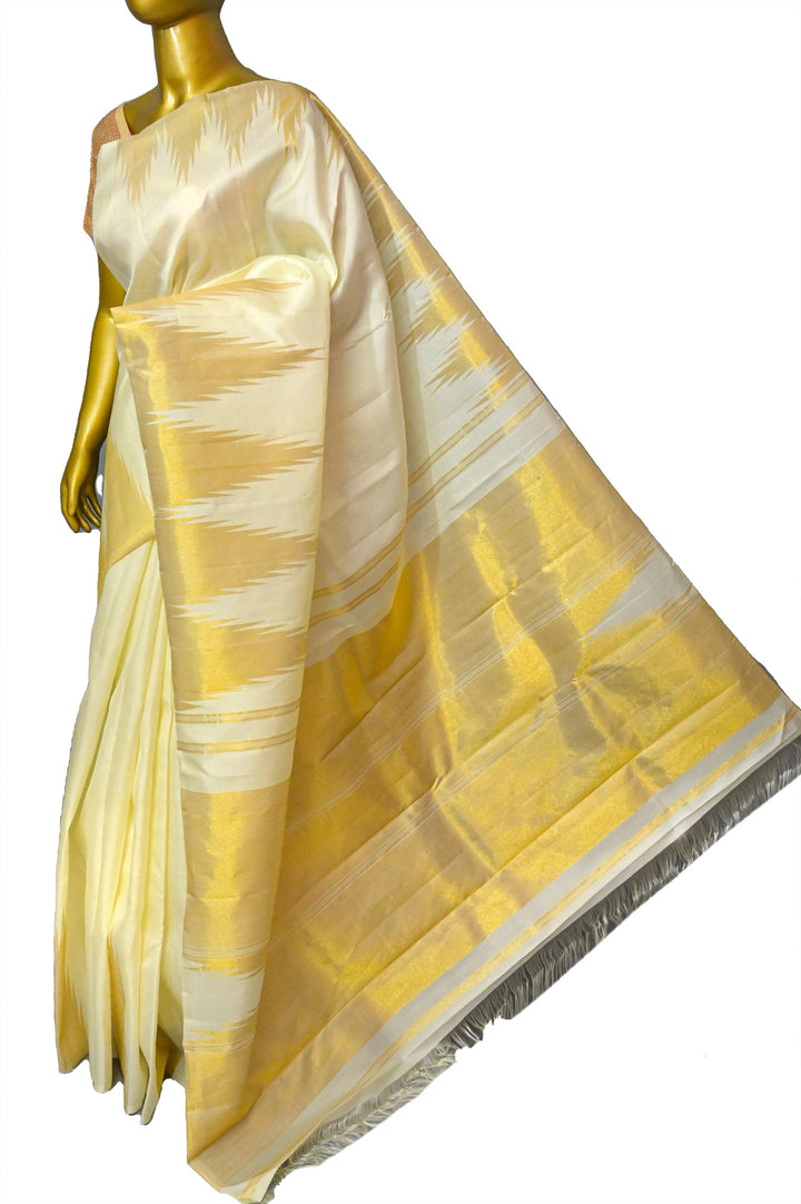 Offwhite Yellow Color Kanjeevaram Silk Saree with Golden Temple Border