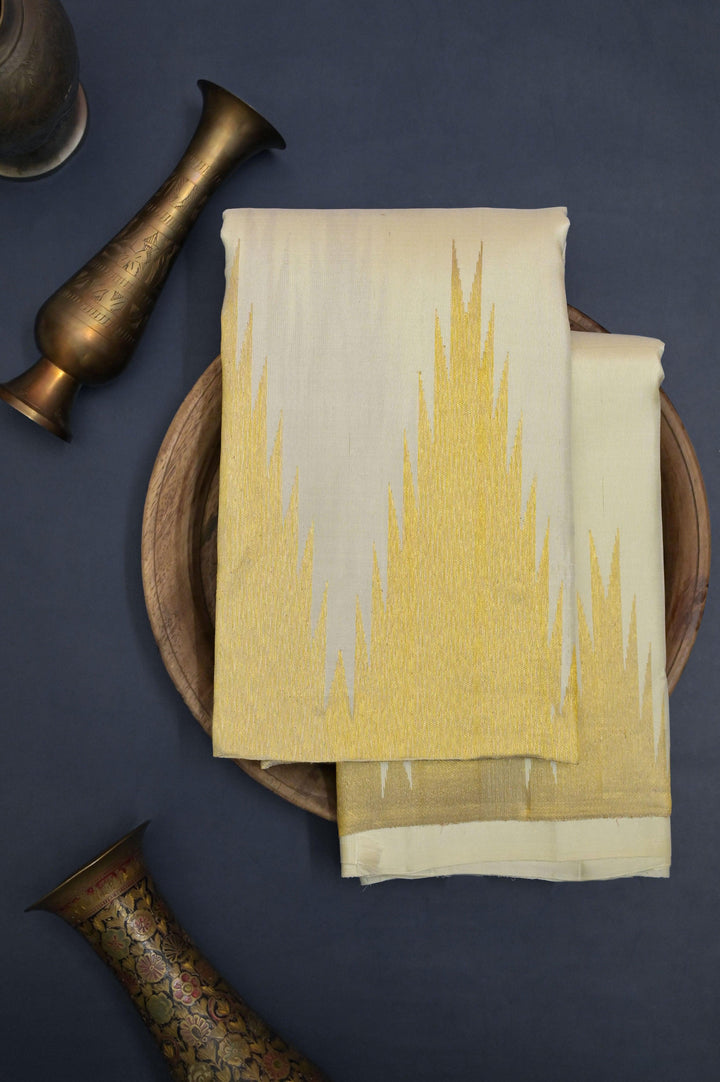 Offwhite Yellow Color Kanjeevaram Silk Saree with Golden Temple Border