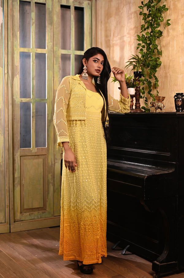 Ombre Yellow Color Designer Georgette Gown with Crop Jacket and Chikankari with Mirror Work