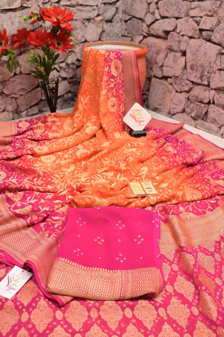 Orange and French Pink Color Khaddi Georgette Banarasi with Neem Zari & Hand Bandhani