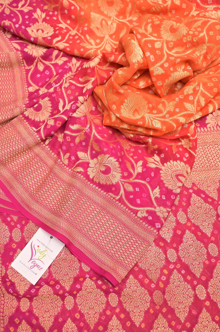 Orange and French Pink Color Khaddi Georgette Banarasi with Neem Zari & Hand Bandhani