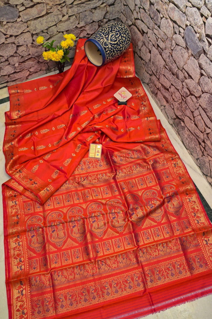 Orange and Magenta Dual Tone Baluchari Silk Saree with Meenakari Pallu