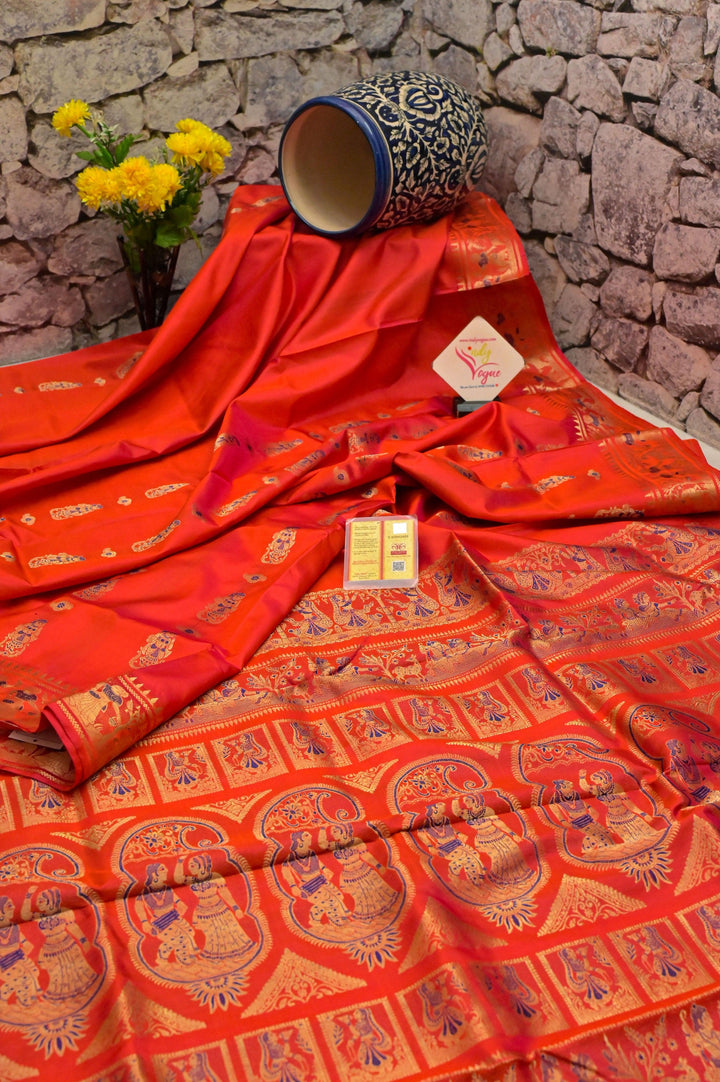 Orange and Magenta Dual Tone Baluchari Silk Saree with Meenakari Pallu