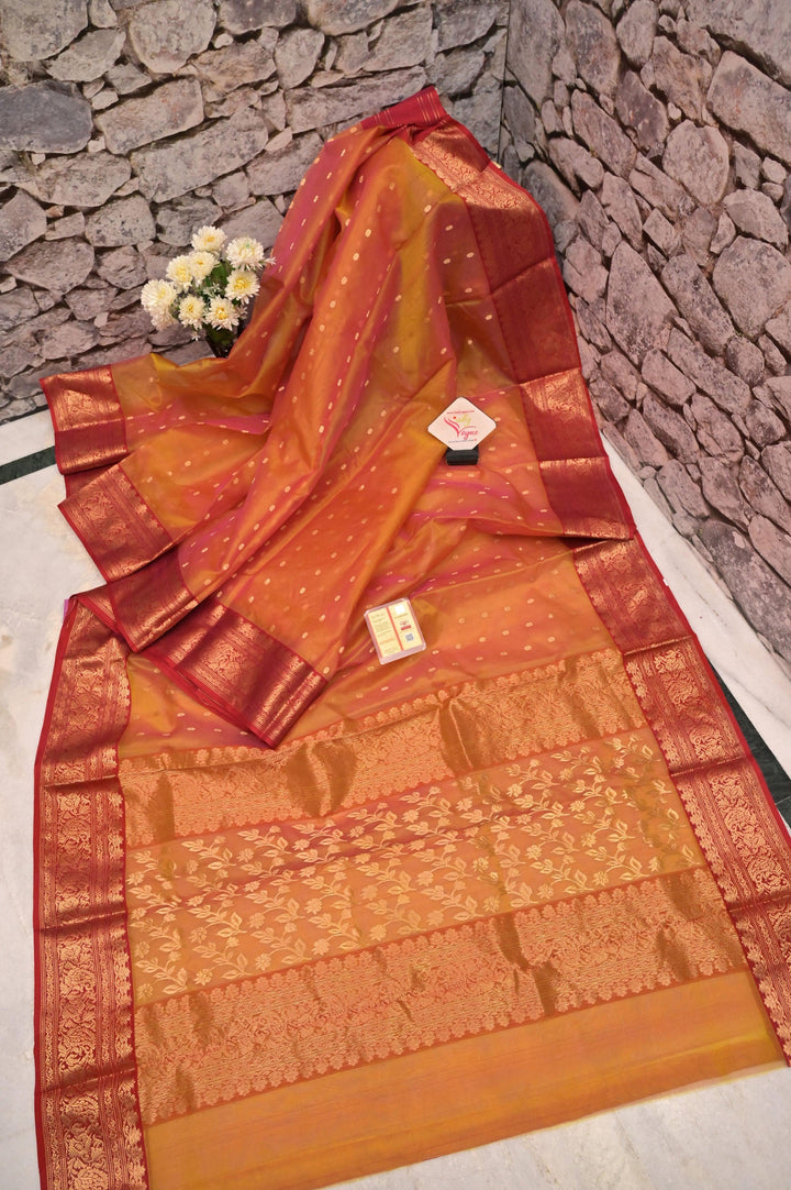 Orange and Magenta Dual-Tone Pure Chanderi Banarasi Saree with Jaal Work on Pallu