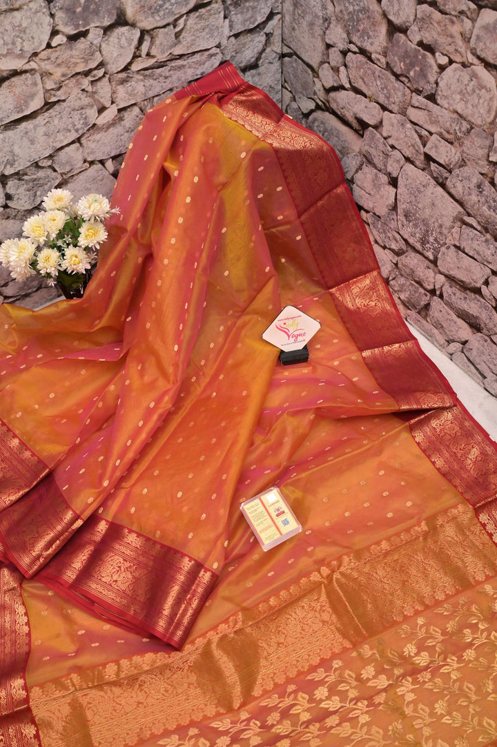 Orange and Magenta Dual-Tone Pure Chanderi Banarasi Saree with Jaal Work on Pallu