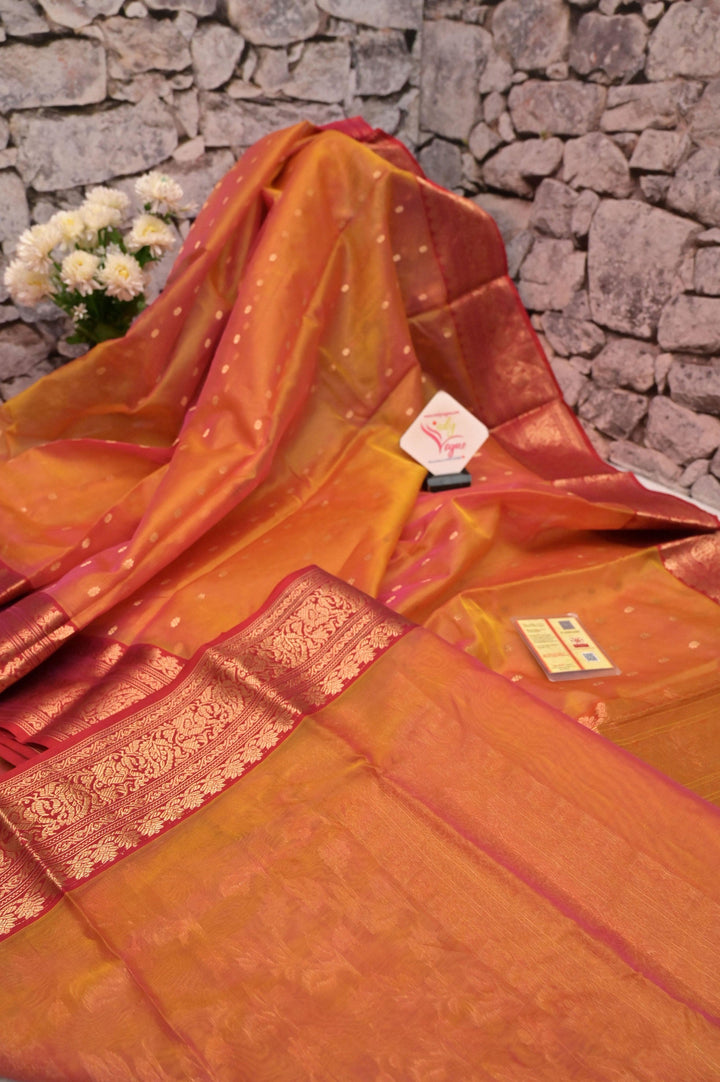 Orange and Magenta Dual-Tone Pure Chanderi Banarasi Saree with Jaal Work on Pallu