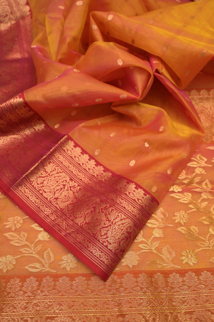 Orange and Magenta Dual-Tone Pure Chanderi Banarasi Saree with Jaal Work on Pallu