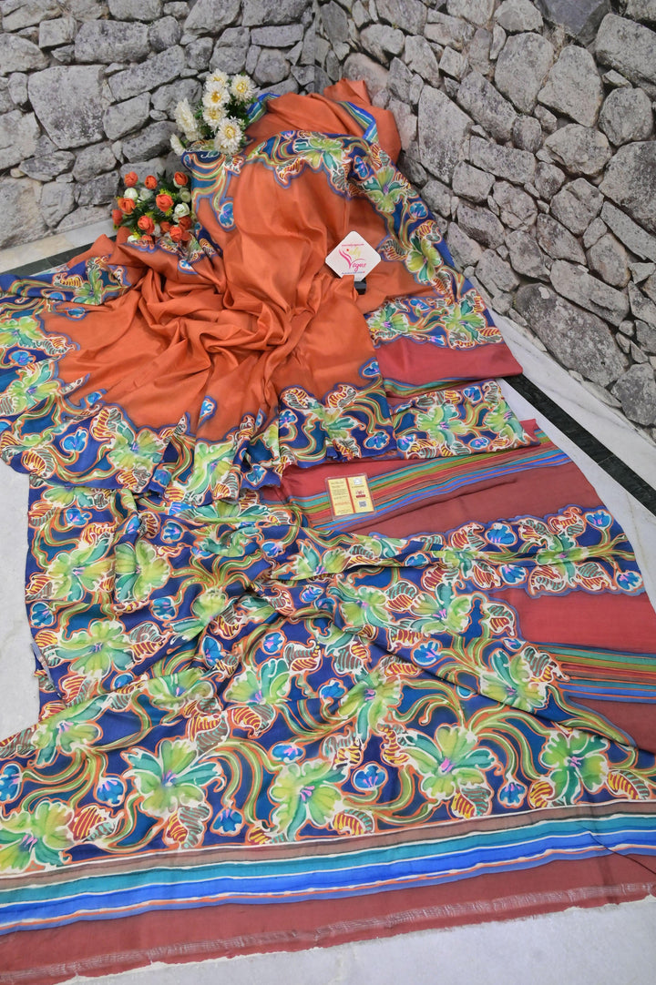 Orange and Multicolor Pure Katan Silk Saree with Alcohol Hand Paint