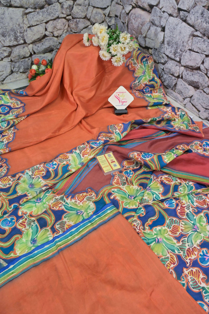 Orange and Multicolor Pure Katan Silk Saree with Alcohol Hand Paint