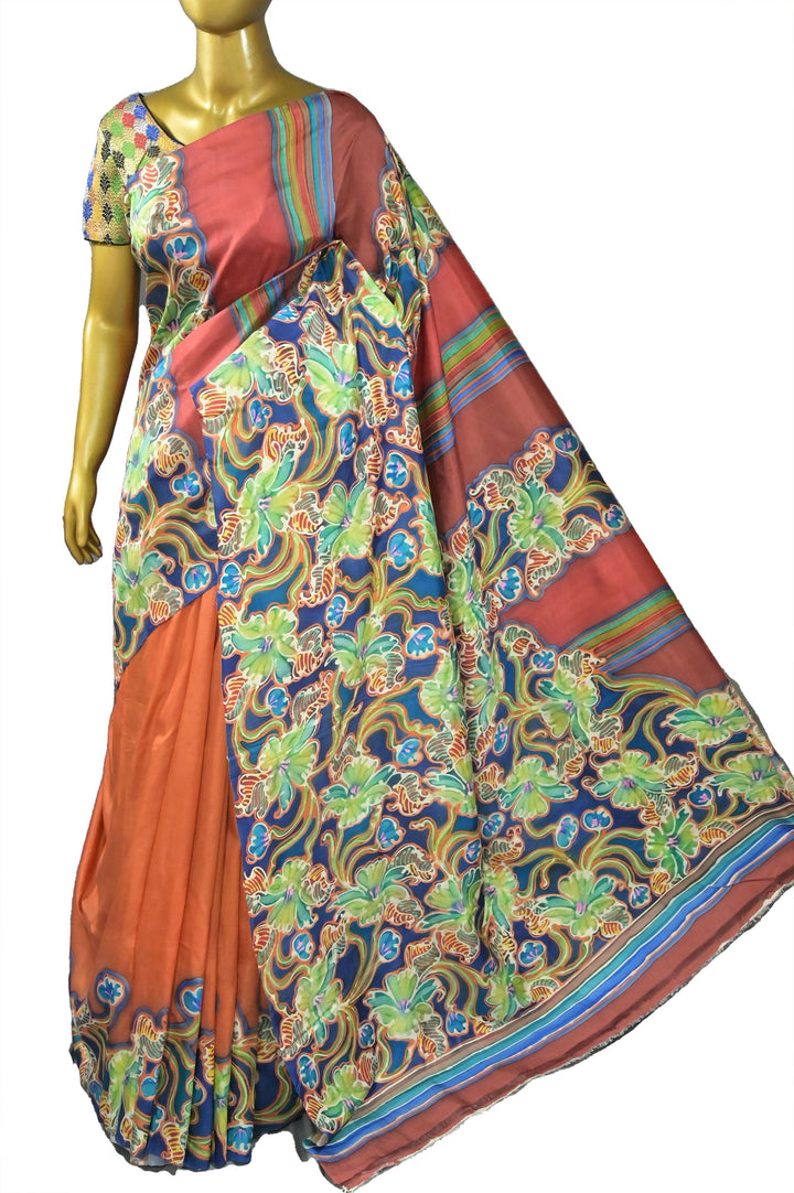 Orange and Multicolor Pure Katan Silk Saree with Alcohol Hand Paint